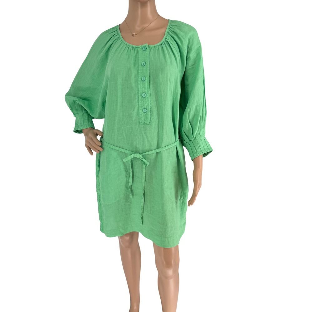 Joie Green 100% Linen Mini Dress 3/4 Balloon Sleeve Belted 889DR03338 Womens S‎